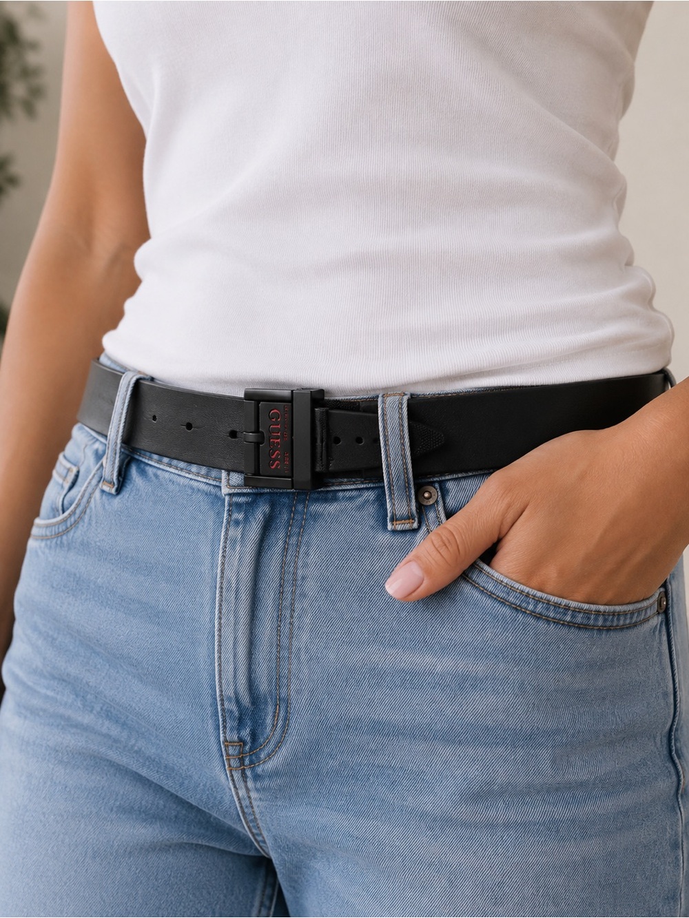 Guess Women's Black Leather Belt with Subtle Red Logo